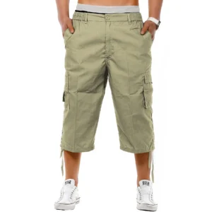 Mens Elastic Waist 3/4 Cargo Shorts