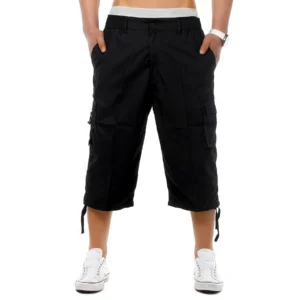 Mens Elastic Waist 3/4 Cargo Shorts