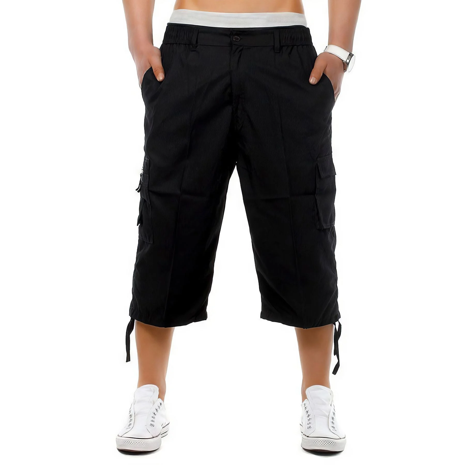 Mens Elastic Waist 3/4 Cargo Shorts