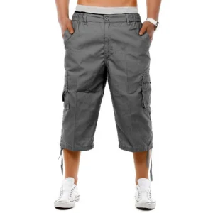 Mens Elastic Waist 3/4 Cargo Shorts