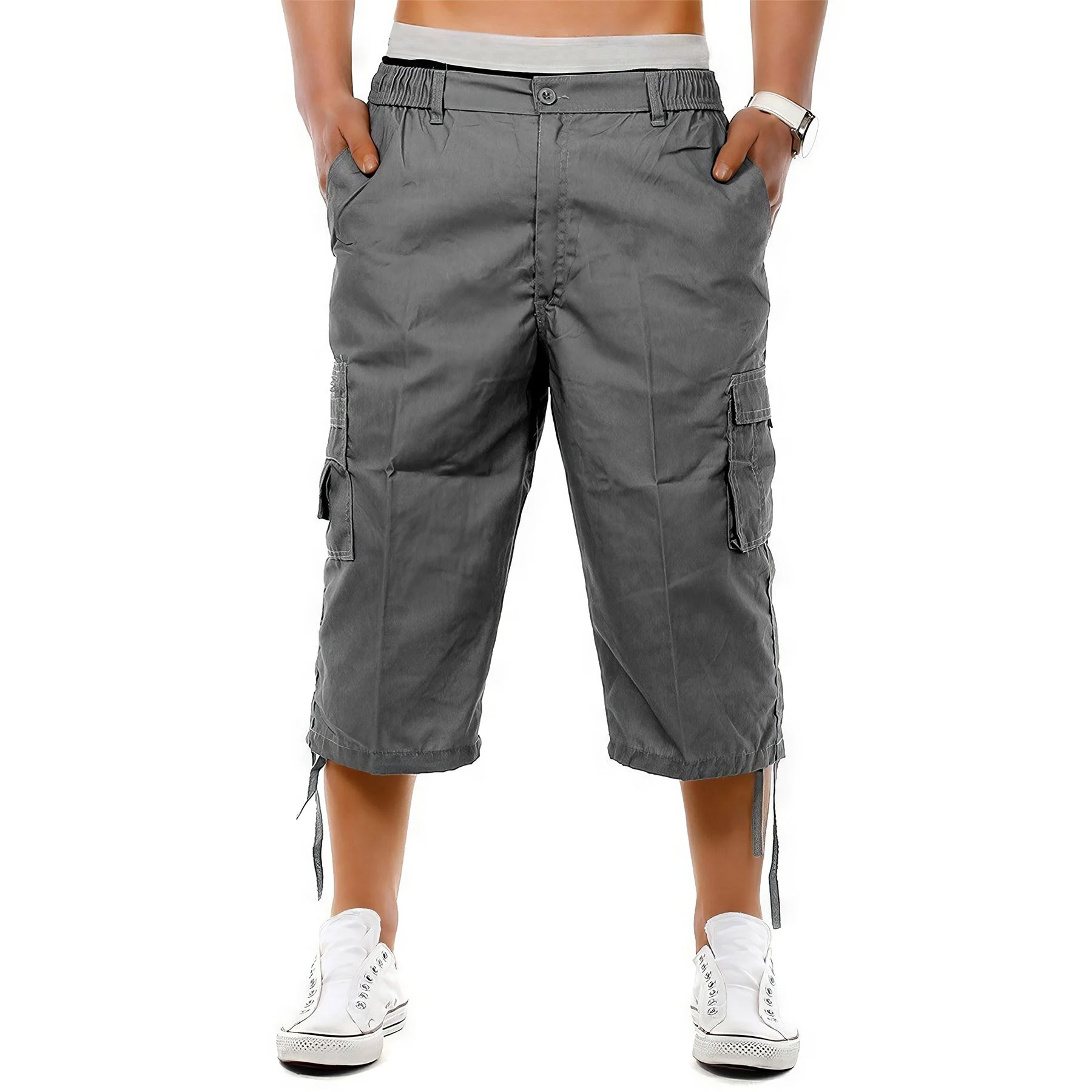 Mens Elastic Waist 3/4 Cargo Shorts