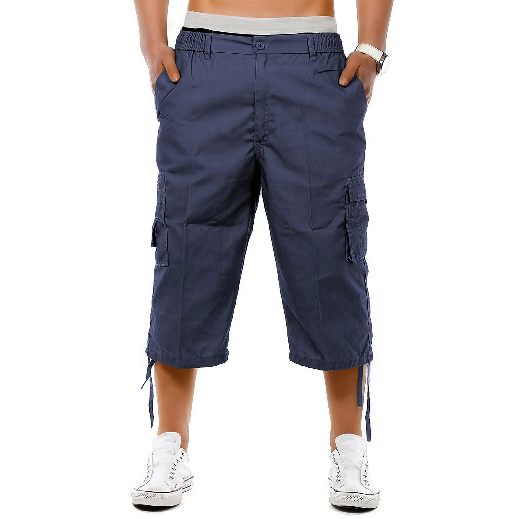 Mens Elastic Waist 3/4 Cargo Shorts
