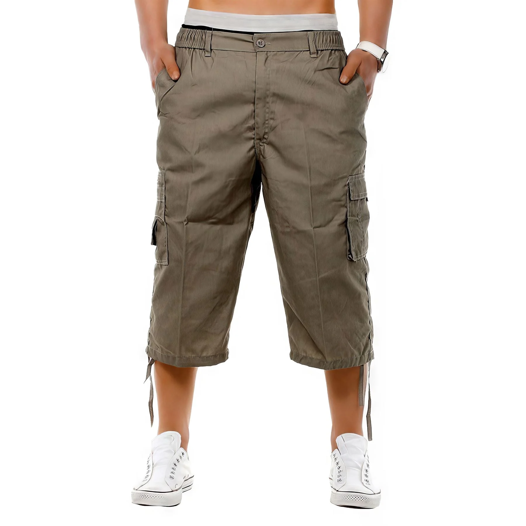Mens Elastic Waist 3/4 Cargo Shorts