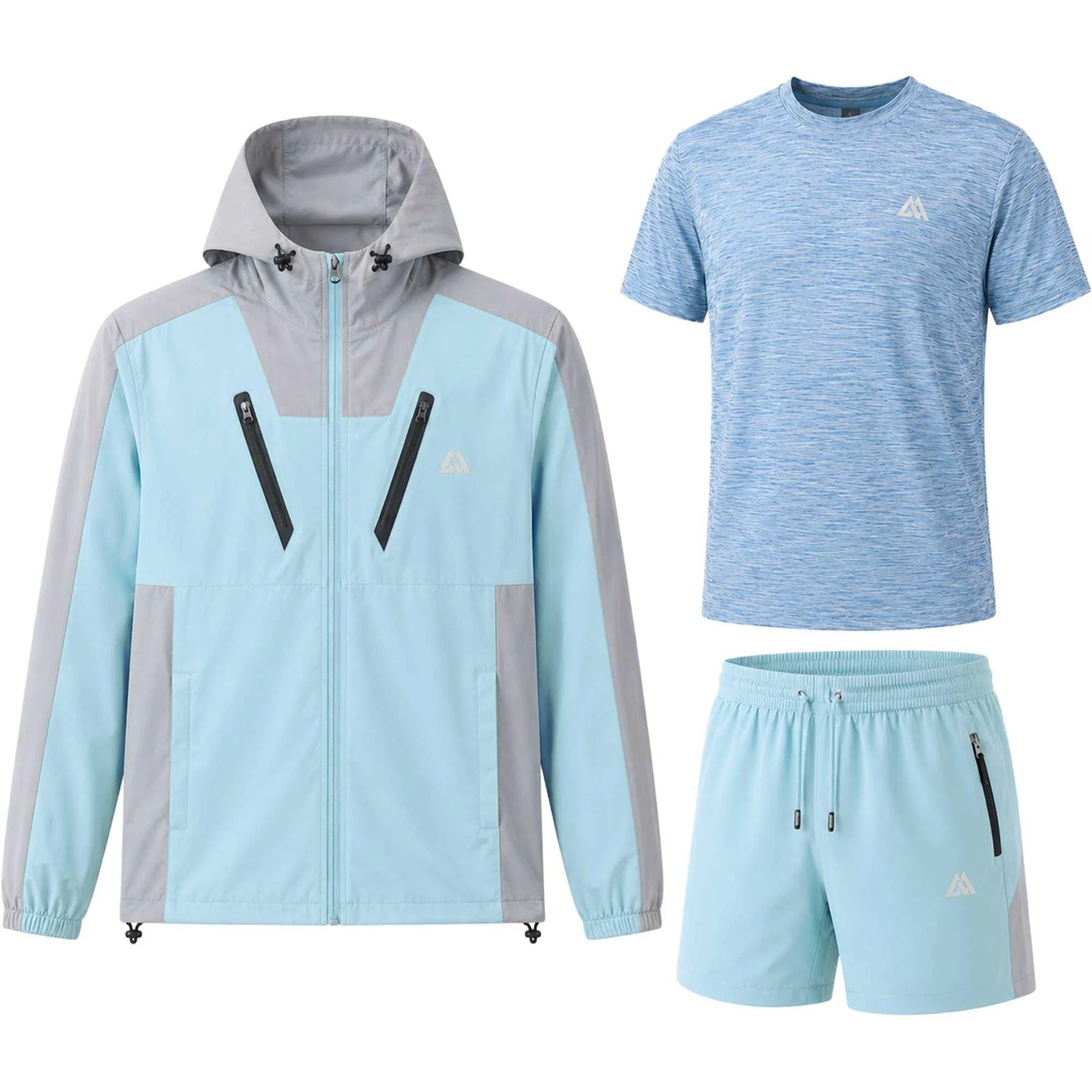Mens Double Zip Hooded Active Shorts Set