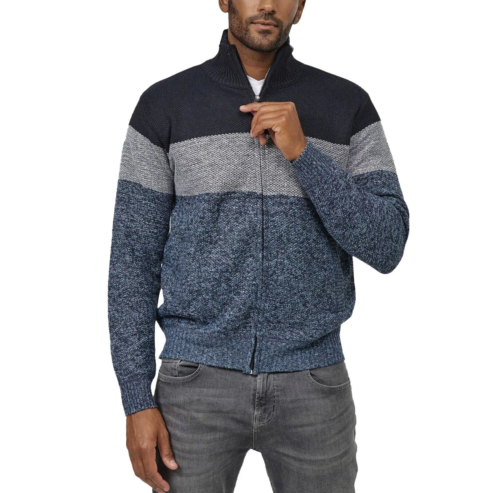 Mens Stripe Fleece Lined Knitted Zip Up