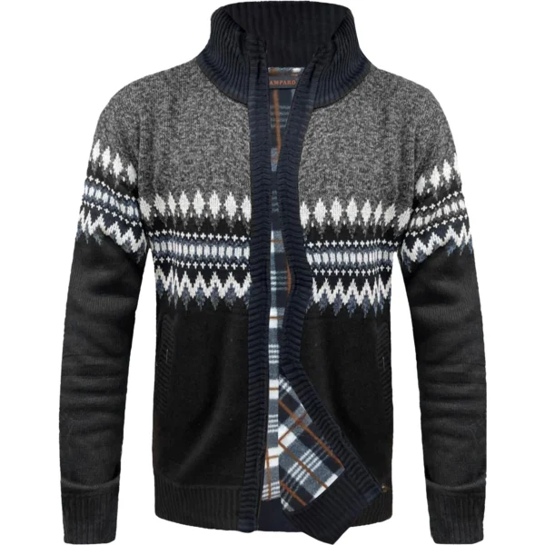 Mens Aztec Fleece Lined Knitted Zip Up Roll Neck Cardigan
