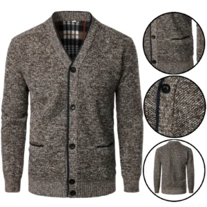 Mens Fleece Lined Knitted Button Up V
