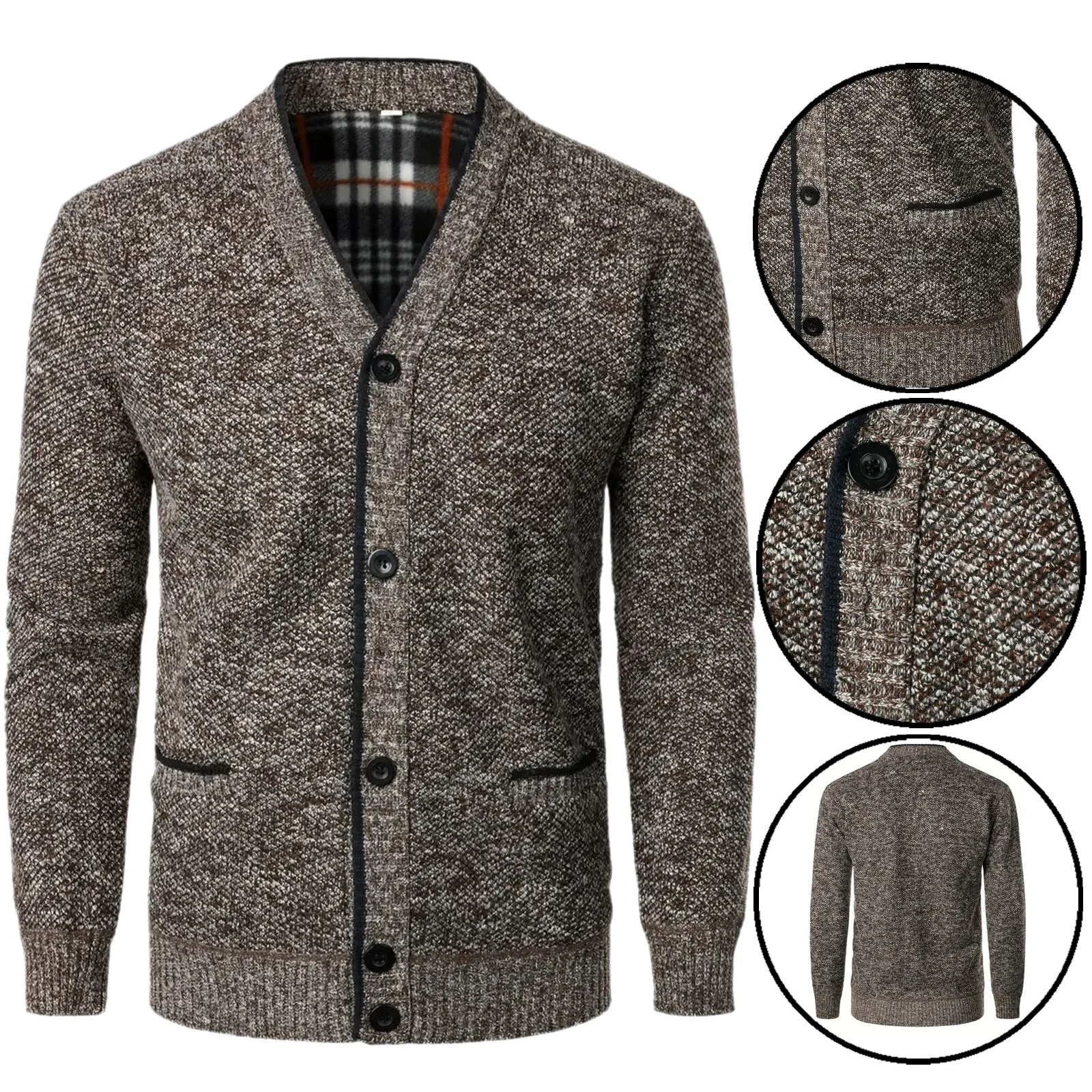 Mens Fleece Lined Knitted Button Up V