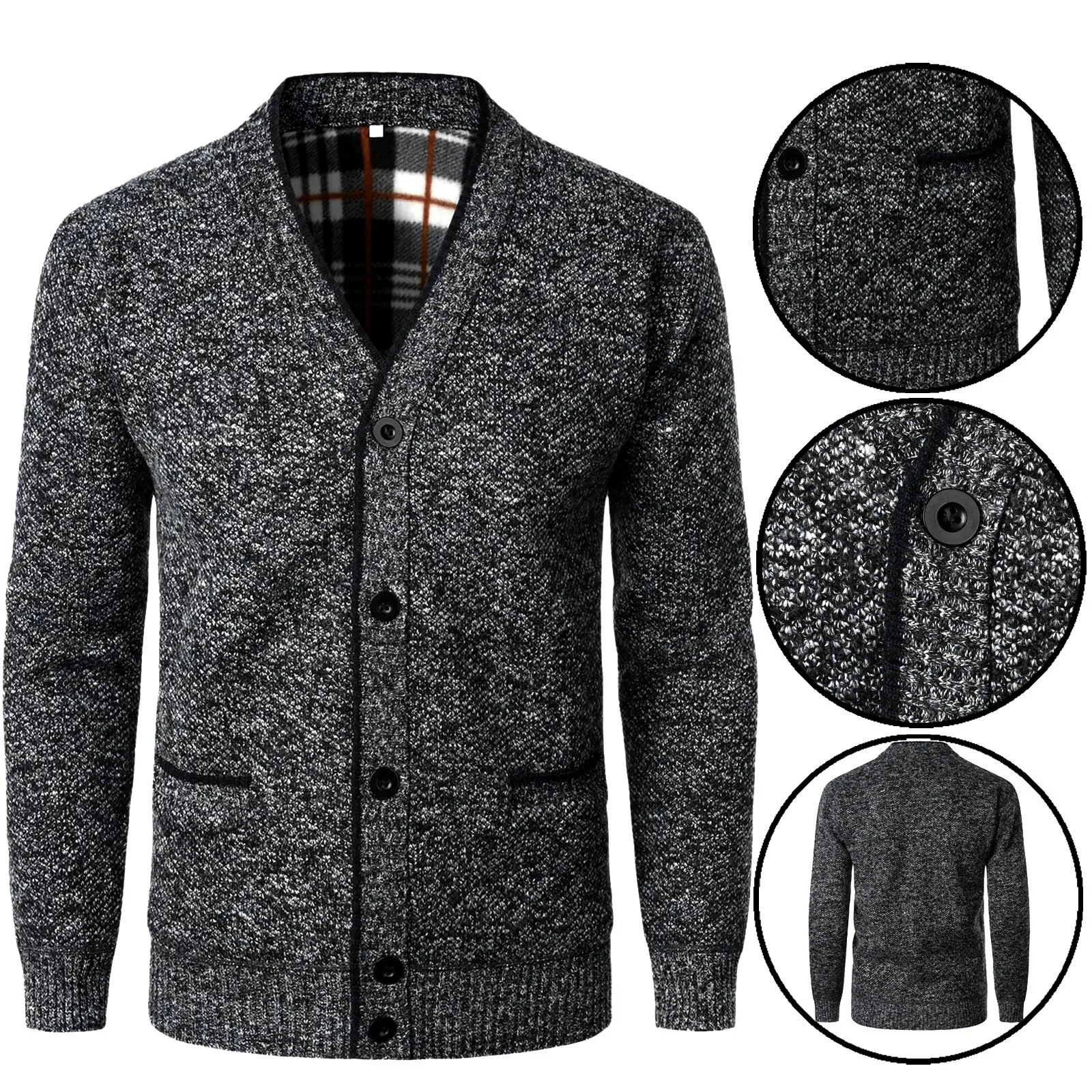 Mens Fleece Lined Knitted Button Up V