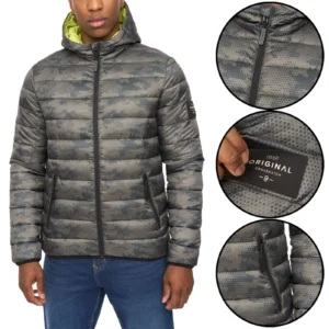 Mens Crosshatch Camo Padded Waterproof Hooded Jacket