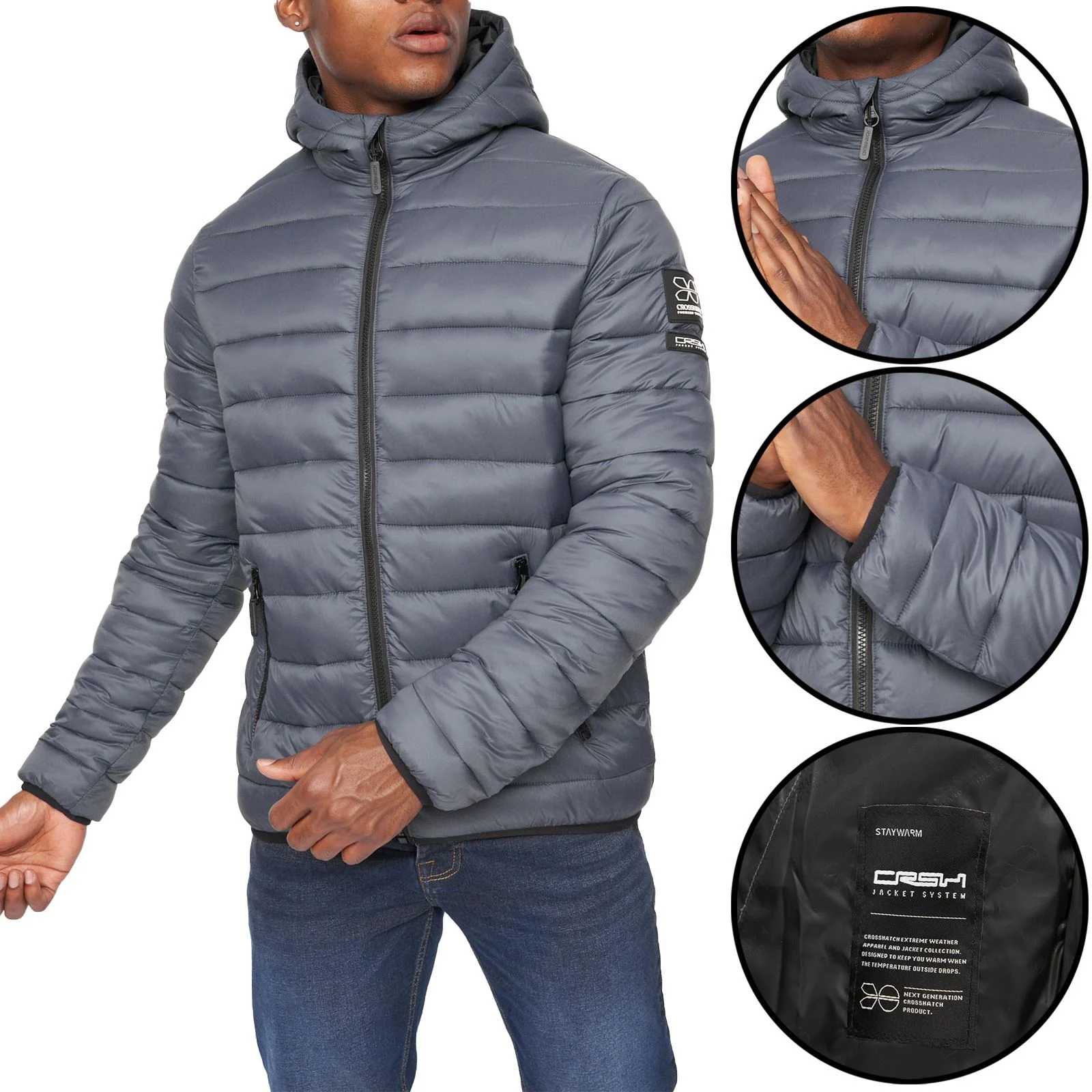 Mens Crosshatch Gattering Padded Waterproof Hooded Jacket
