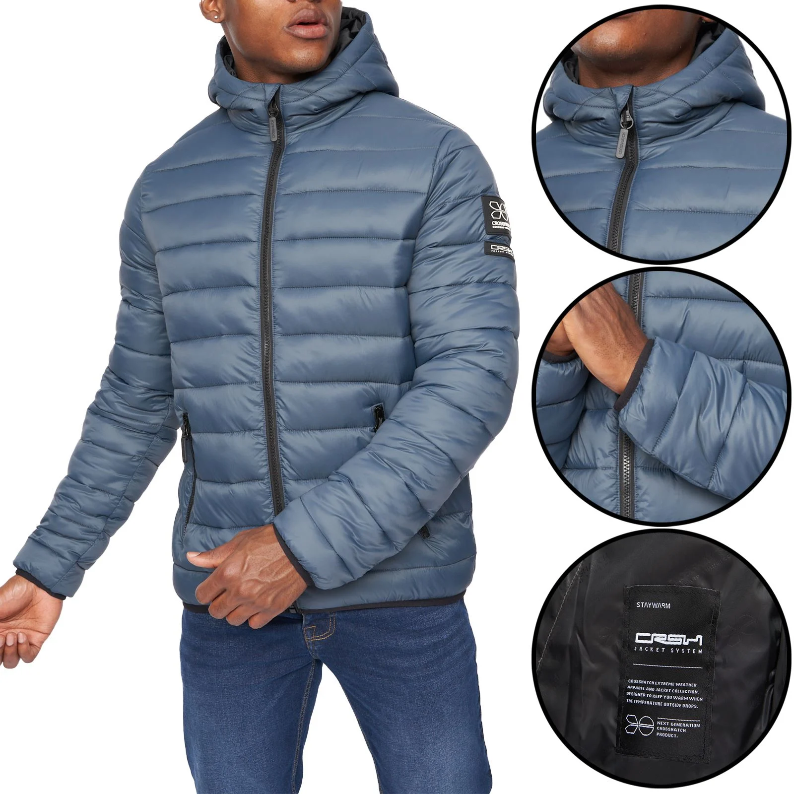 Mens Crosshatch Gattering Padded Waterproof Hooded Jacket