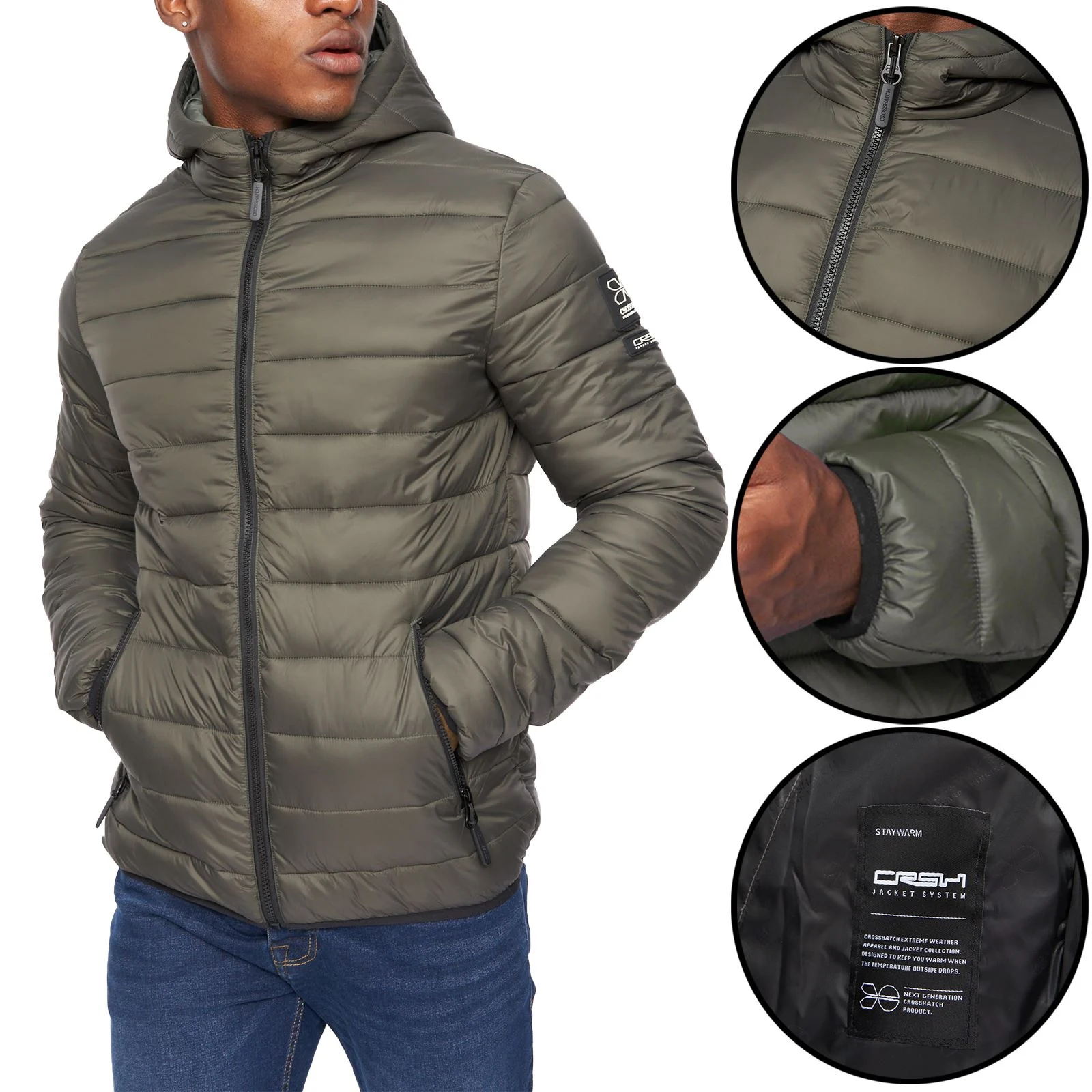Mens Crosshatch Gattering Padded Waterproof Hooded Jacket